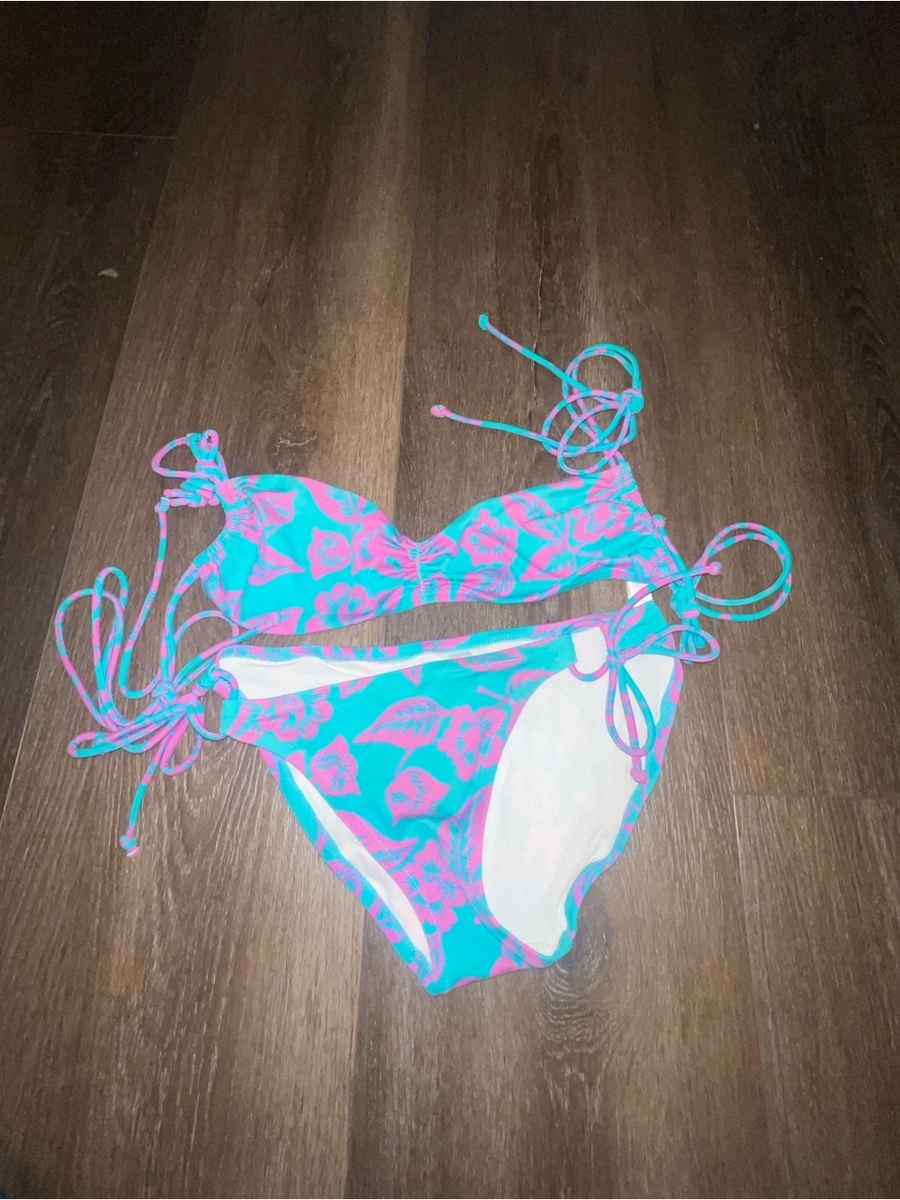 Victoria's Secret Turquoise & Pink Floral Two-Piece Bikini Bottom S Top M - Picture 2 of 7